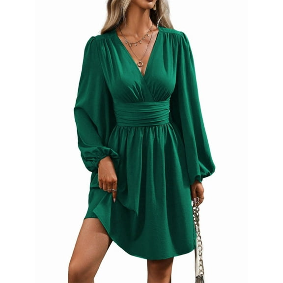 Women'S Elegant Dress V Neck Long Sleeve High Waist Swing Prom Cocktail Short Dresses Green S