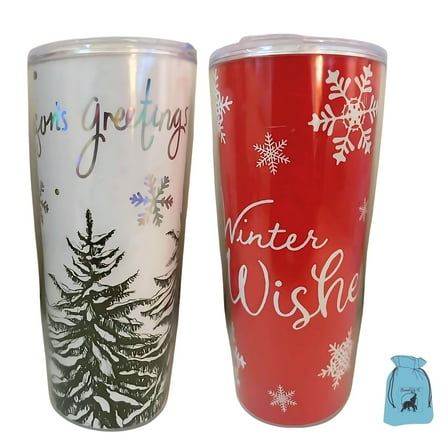 (2) Decorative Printed Christmas Tumblers Reusable Plastic Holiday Drinkware Set for Home Kitchen Office Travel Cups Party Favor Xmas Thanksgiving Gift Supplies Stocking Stuffer (Design may Vary)