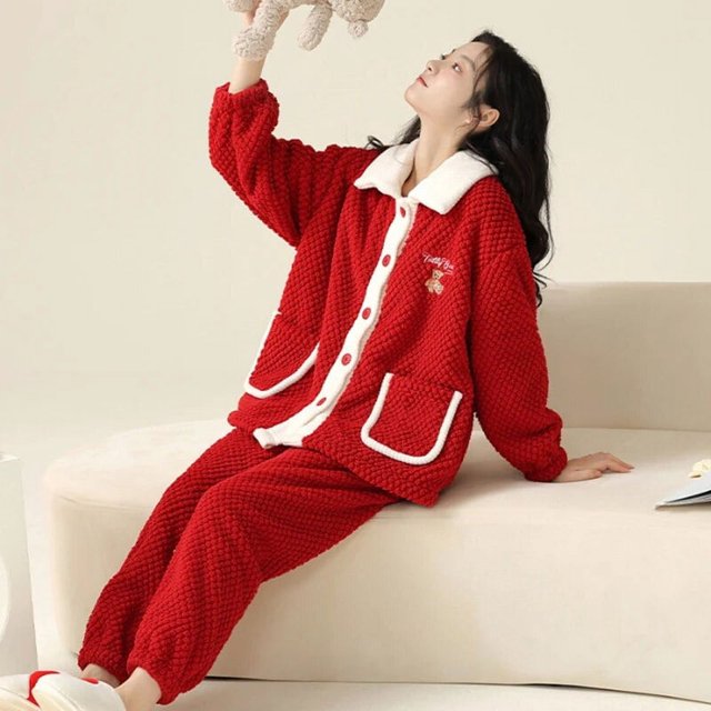 Pijamas de Navidad para pareja de franela, invierno cálido, cárdigan rojo grande para hombres y mujeres, ropa de casa, ropa de dormir de osos lindos, Pijama de Año Nuevo para parejas