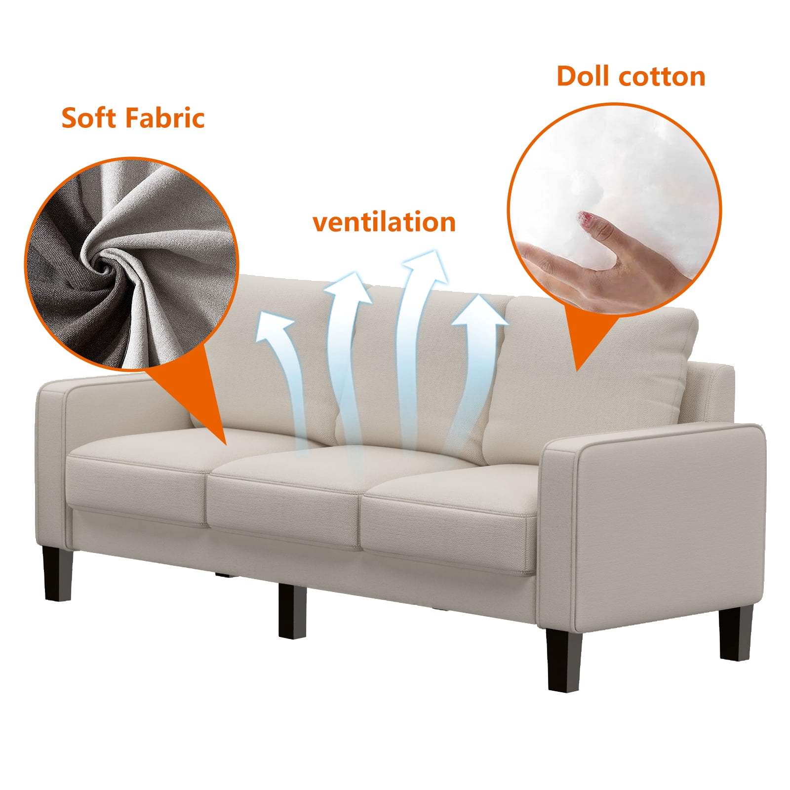 DEALTOPS Modern Sectional Sofa Couch Upholstered Sofa Storage Couches 3 Seater Sofa Chair for Living Room - Beige