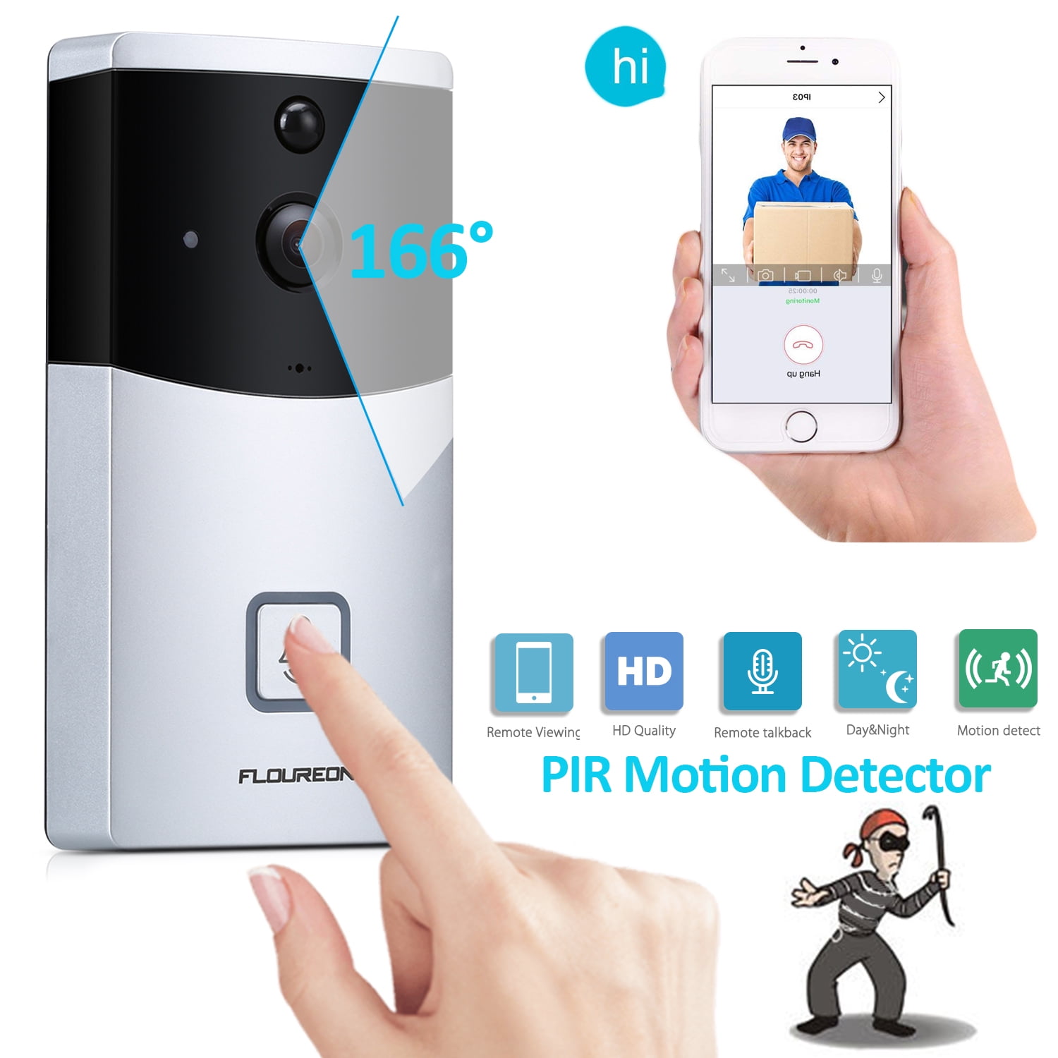 PIR Motion Detection Support APP Control Wireless Video Doorbell FLOUREON WiFi Smart Video Doorbell Chime with 720P HD Security Camera Real-Time Video and Two-Way Talk Night Vision 