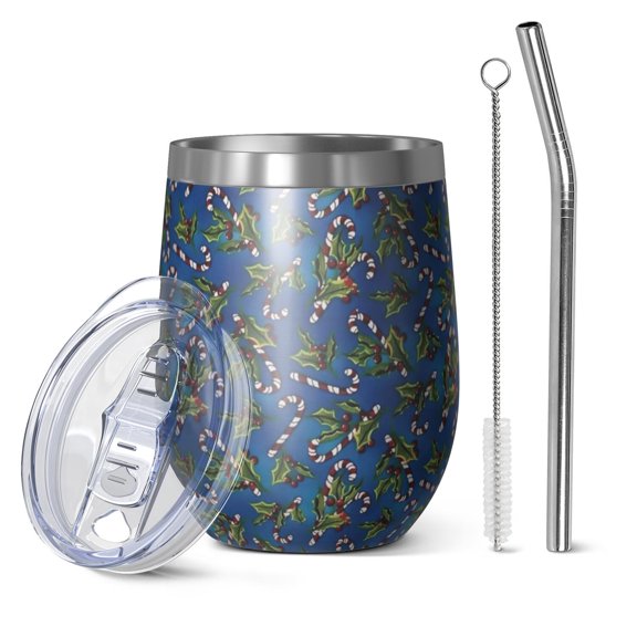 12oz Stemless Wine Tumblers Blue Christmas Holly and Candy Cane Pattern Vacuum Insulated Stainless Steel Travel Tumbler Cups Mug with Lid and Straw for Champaign,Cocktail,Beer with Cleaning Brush
