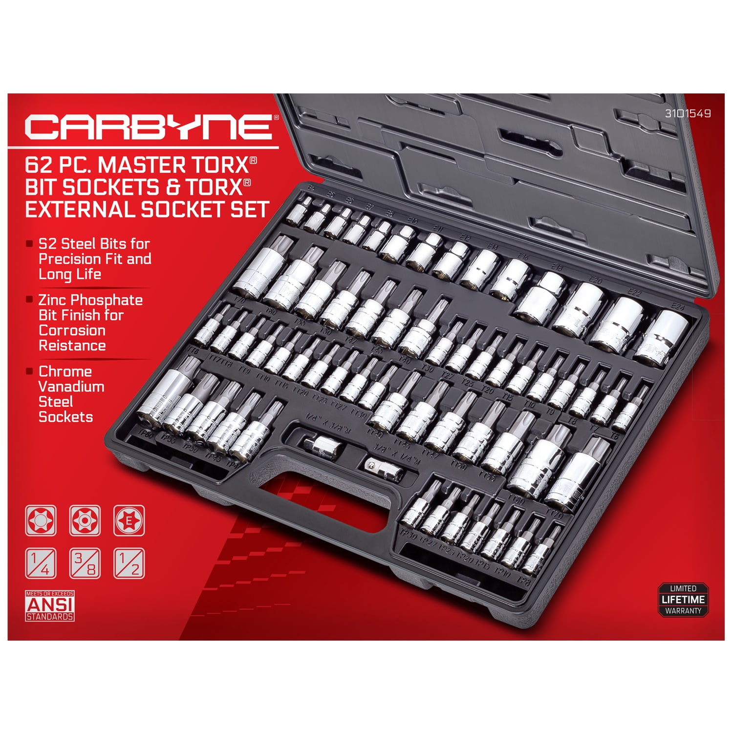 CARBYNE 62 Piece Master Torx Bit Socket Set & Torx External Socket Set, S2 Steel Bits, Cr-V Sockets, 1/4", 3/8" & 1/2" Dr., with Durable Case