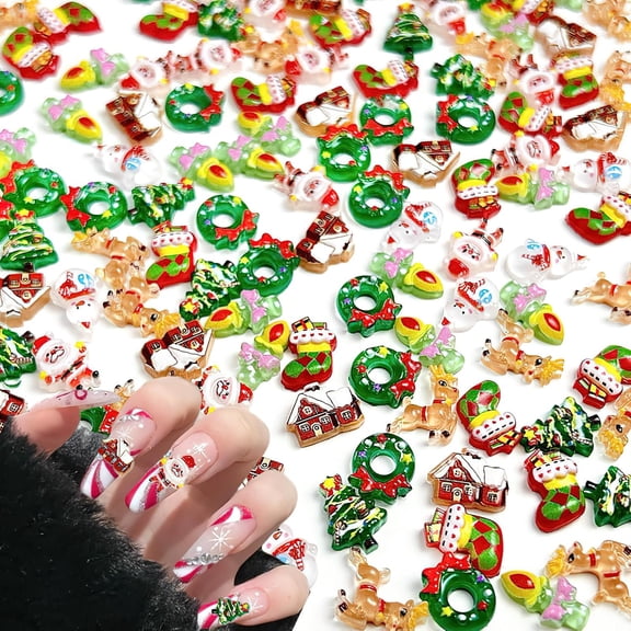 100PCS Christmas Theme Slime Charms 3D Resin Xmas Cute DIY Supplies Flatback Nail Art Charms for Women Girls DIY Scrapbooking Crafts Cell Phone Case Making