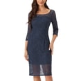 thumbnail image 1 of Vestido de Encaje Manga 3/4 para Mujer Escote Cuadrado Midi Recto Cansado Azul marino XS, 1 of 6