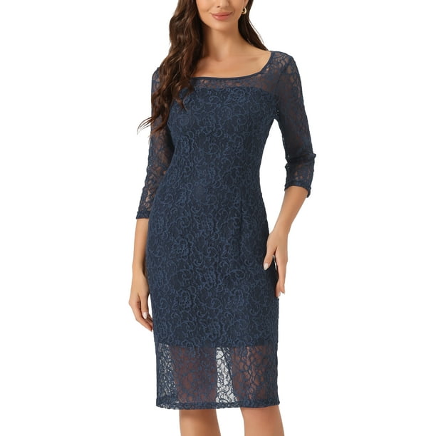Vestido de Encaje Manga 3/4 para Mujer Escote Cuadrado Midi Recto Cansado Azul marino XS