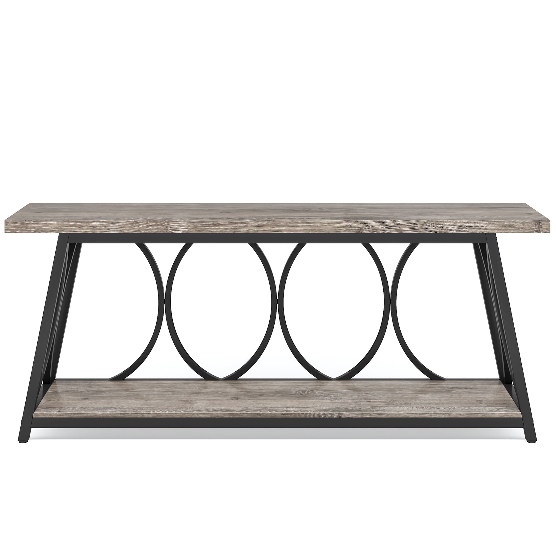 Fnova 70.87" Extra Long 2-Tier Console Table, Industrial Sofa Table with Decorative Circular Metal Frame,  Entryway Hallway Behind Couch Storage Console