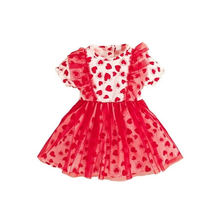 

Edvintorg Valentine S Day Gifts For Baby Girls Summer Party Dress Clearance Sweet Heart Printing Princess Dresses Short Sleeve Round Neck Mesh Dress 6Months-3Years