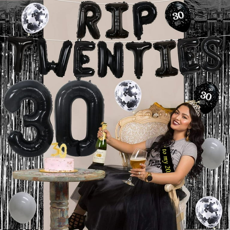 30th Birthday Decorations for Women or Men Black Rip Twenties Balloon, Rip To My 20s Sash for Her or Him Funny Thirty Birthday Party Supplies