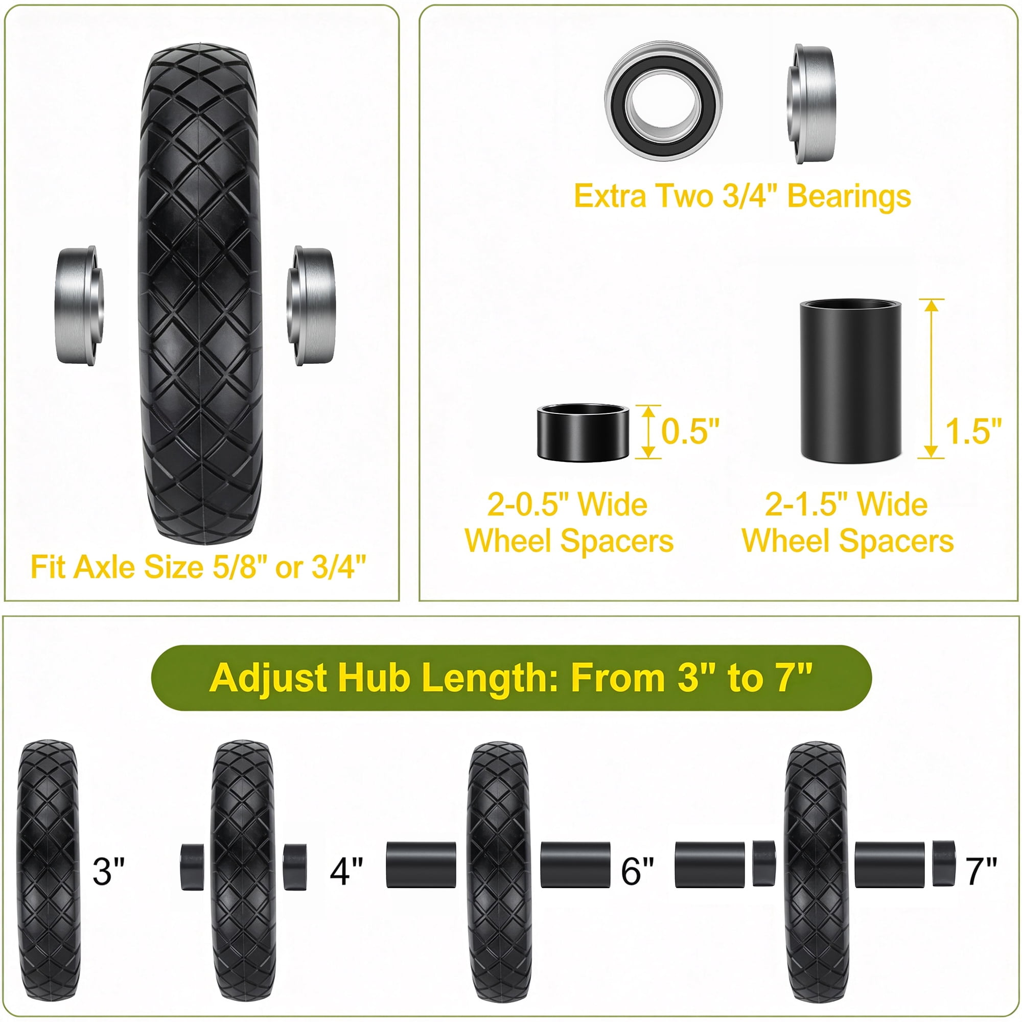 Leumius Set of 2 4.80/4.00-8 Flat-Free Solid Wheelbarrow Tire and Wheel, 16" Solid Tire with 5/8" & 3/4" Bearings, 3" Hub for Hand Truck, Garden Cart, Trailer, Trolley, Wagon