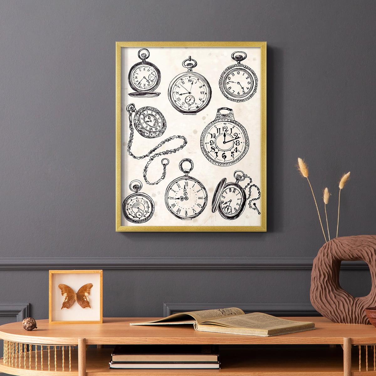 Pocket Watch Sketches II in Gold Solid Wood 22 x 28 Framed Print