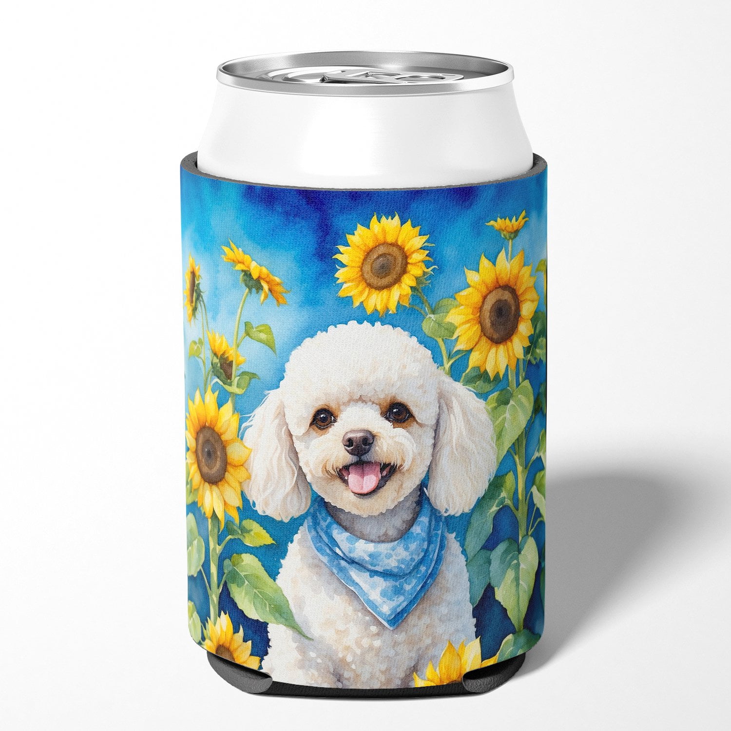 White Poodle in Sunflowers Can or Bottle Hugger 3 in x 5 in