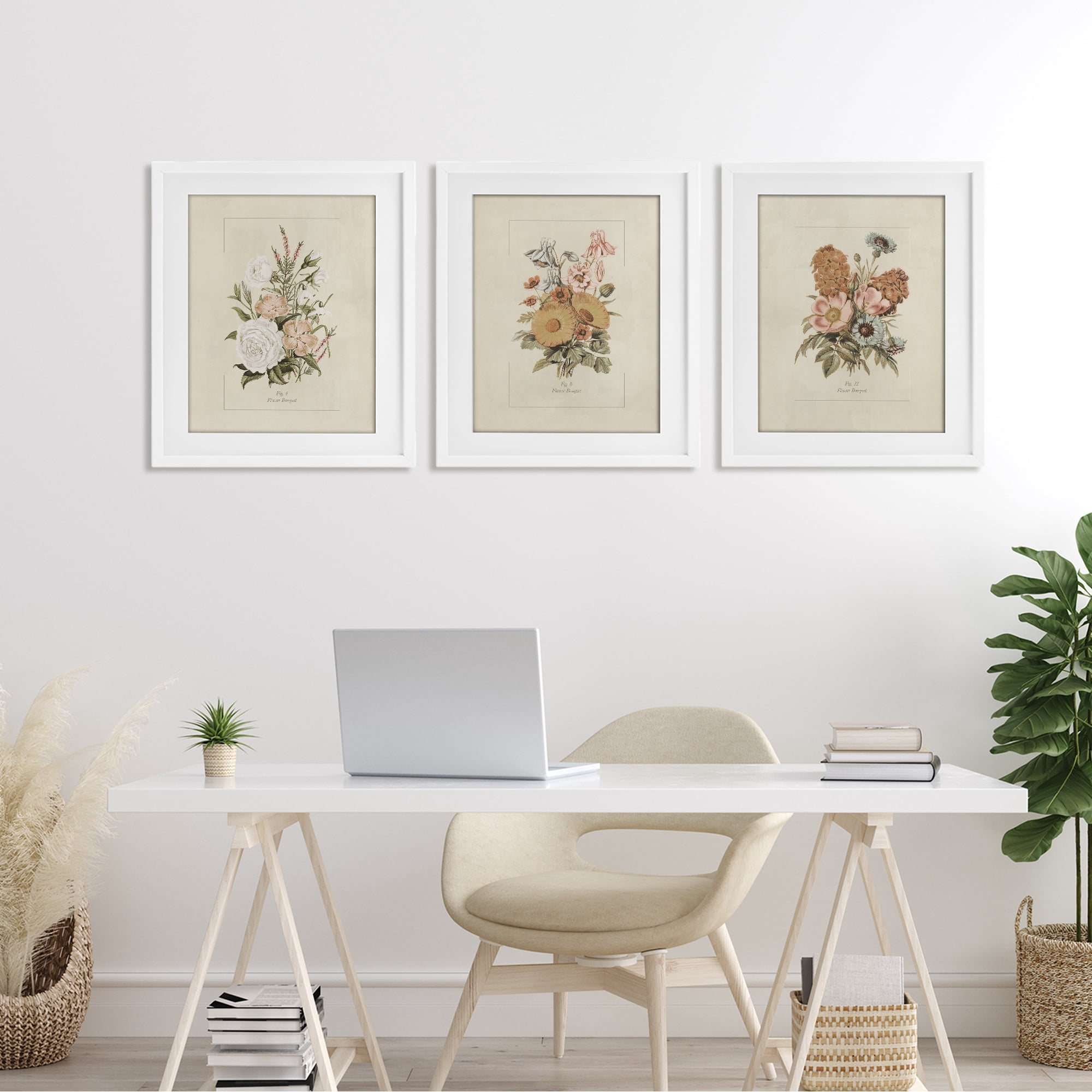 Stupell Industries Neutral Bouquet Studies 3 Piece White Framed Print Under Glass Set, design by Dan Meneely