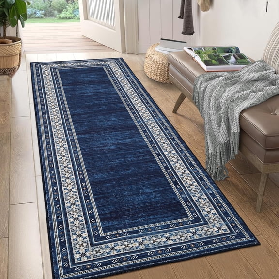 Washable Runner Rug 2x8ft  Ultra Soft Low Pile Non-Slip Blue Carpet, Bordered Vintage Design, Mark Resistant, Non Shedding, Collapsible for Hallway, Entryway, Kitchen, Bedroom  Blue Tones, USA