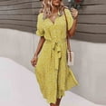 thumbnail image 6 of Summer Dress Women's Dresses Summer Boho Bohemian Casual Button Short Sleeve Floral Print Lace Up Maxi Beach Midi Dress Yellow, 6 of 9