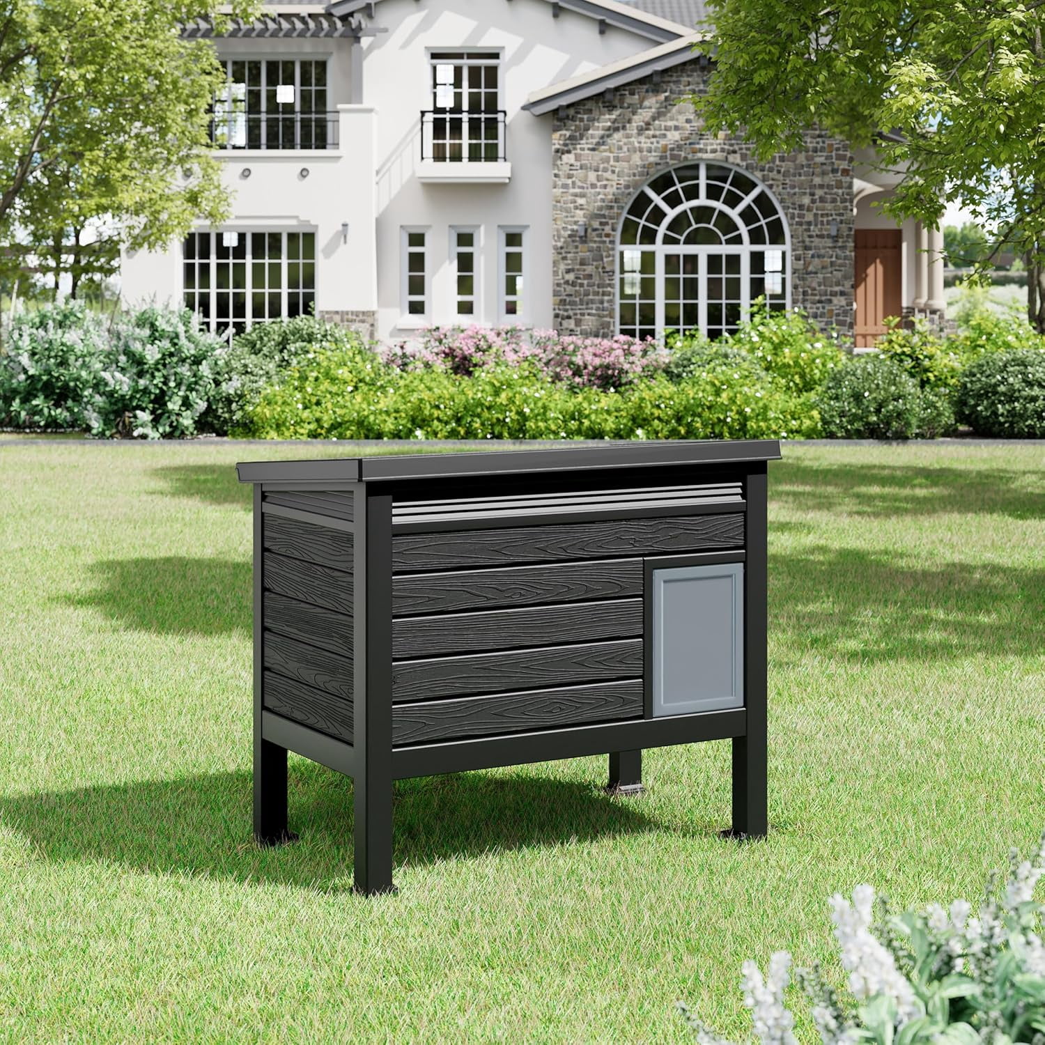 Large Outdoor Cat House Weatherproof, 31 Inch Plastic Cat House Waterproof with Raised Floor, Outside Feral Cat Shelter for Patio, Porch, Garage, Indoor Use, Easy to Clean