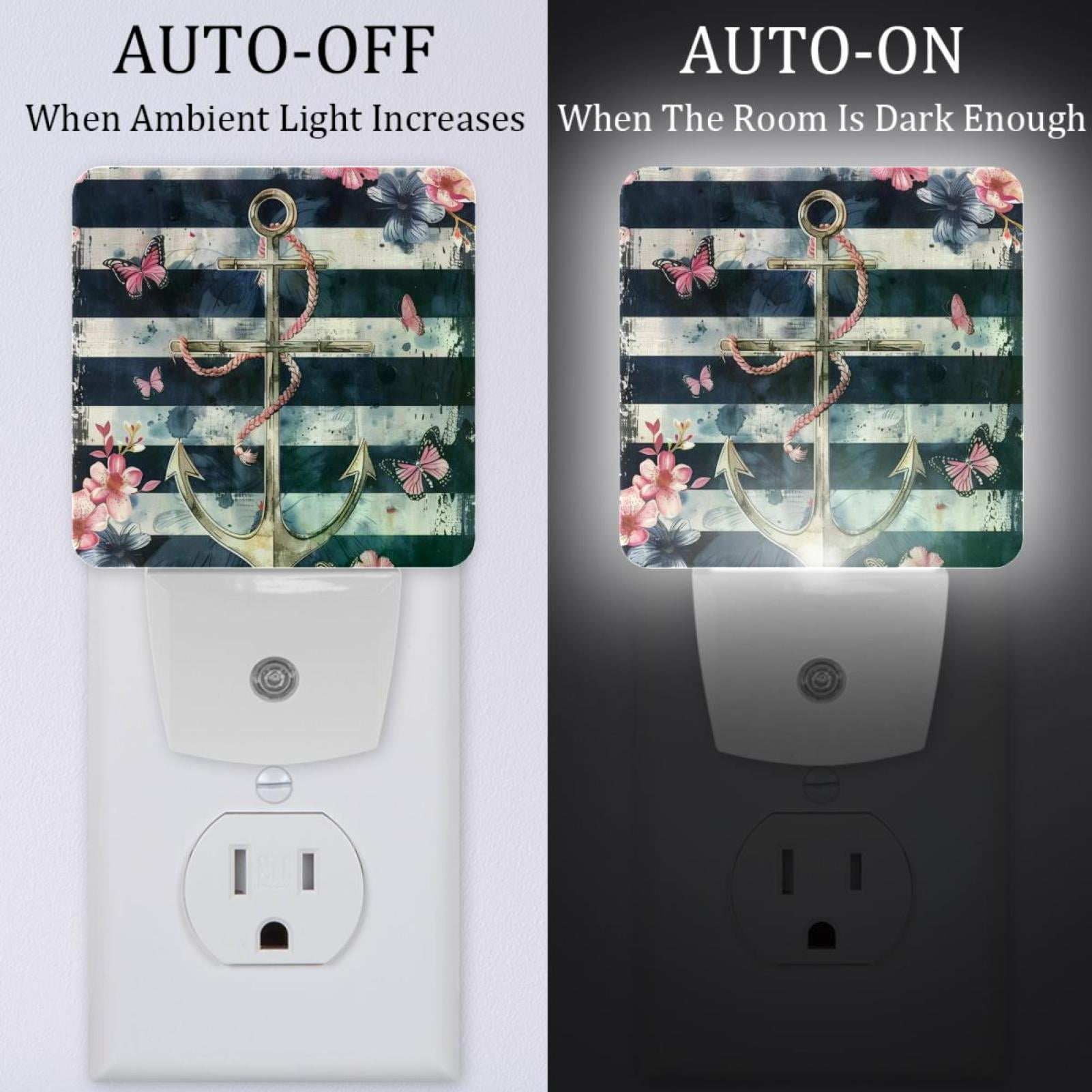 PhooArto Anchor Butterflies Stripe Plug in LED Night Light Auto Sensor Dusk to Dawn Decorative Night for Bedroom, Bathroom, Kitchen, Hallway, Stairs, Baby's Room, Energy Saving