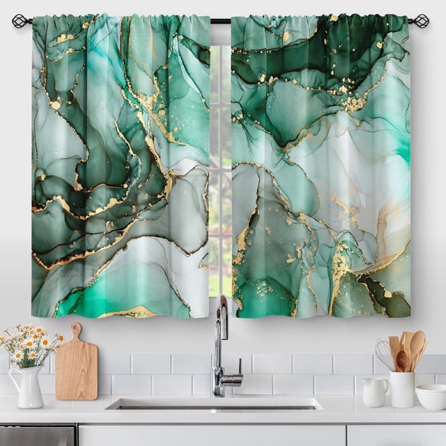 Green Marble Kitchen Curtains - Abstract Art Country Modern Short Cafe Tier Curtains Decor for Living Dining Room Bathroom Creative Texture Rod Pocket Window Drapes 2 Panels Set 28"x24"