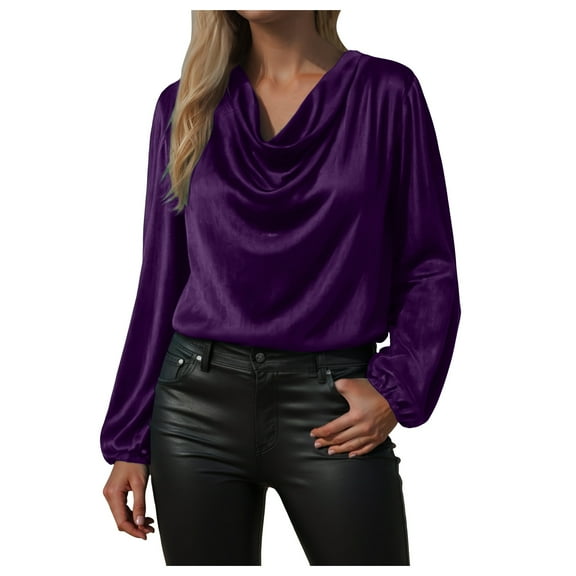 TTUHYWXI Women's Satin Silky Cowl Neck Drape Ruched Front Long Sleeve Blouse Shirt Top (Purple, 3XL)