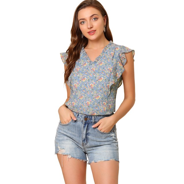 Unique Bargains Blouse à Volants pour Femmes Florale Décontractée Col en V Manches Courtes