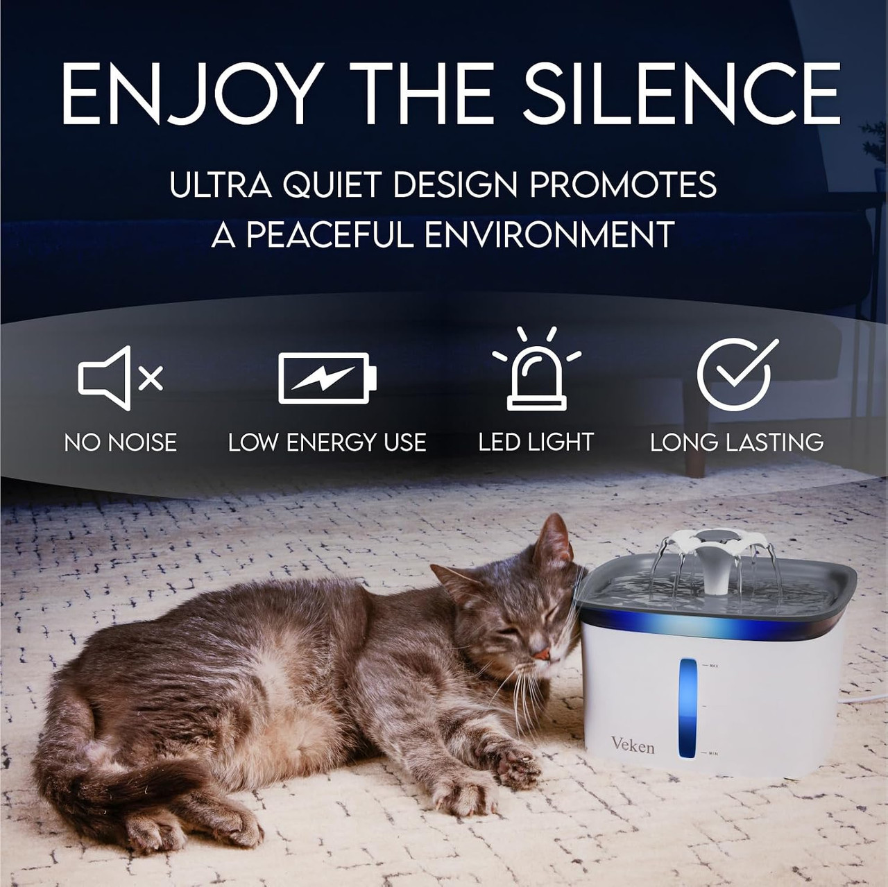 Veken Cat Water Fountain, 95oz, Quiet Dispenser, Grey photo 6
