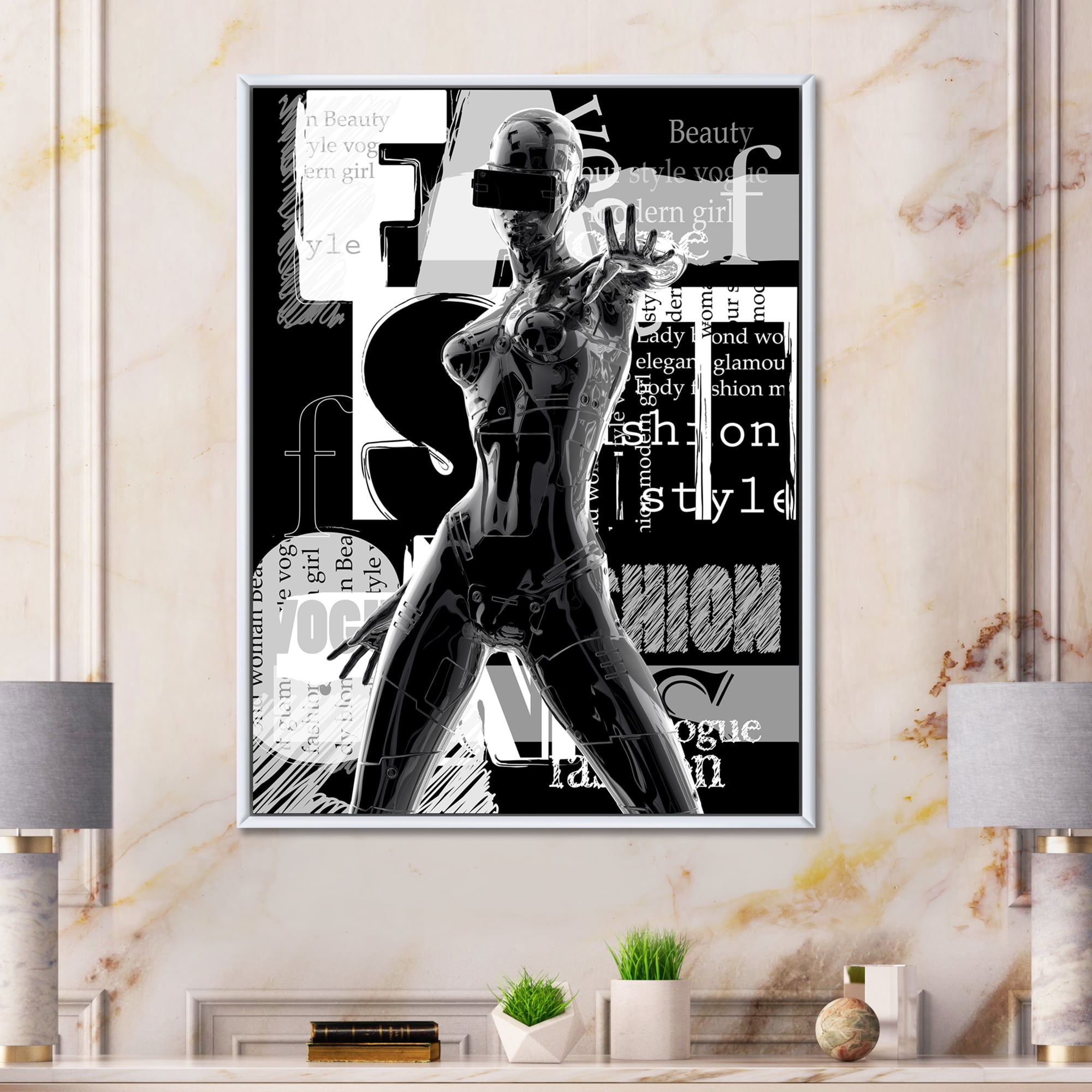 Designart 'Black and White Cyborg Body II' Modern Framed Canvas Wall Art Print
