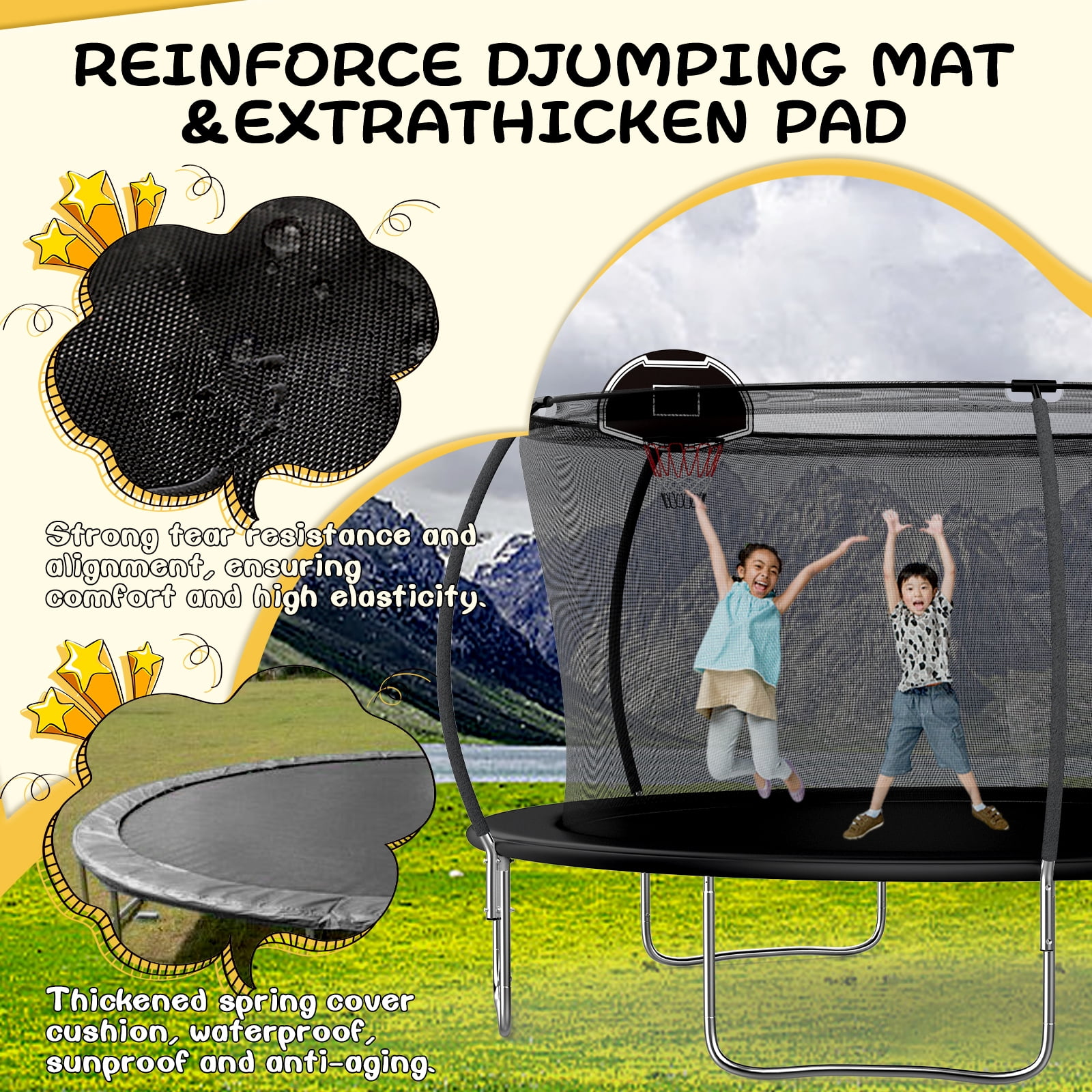14FT Outdoor Trampoline with Basketball Hoop and Ladder for Kids and Adults，Heavy Duty Recreational Pumpkin Trampoline with Safety Enclosure,Anti-Rust Frame,Backyard Trampoline for Gift,Black