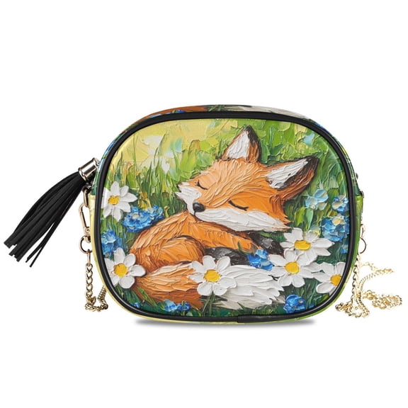 Womens Casual Chain Shoulder Bag Simple style Fox Sleeping Among Flowers Crossbody Bag