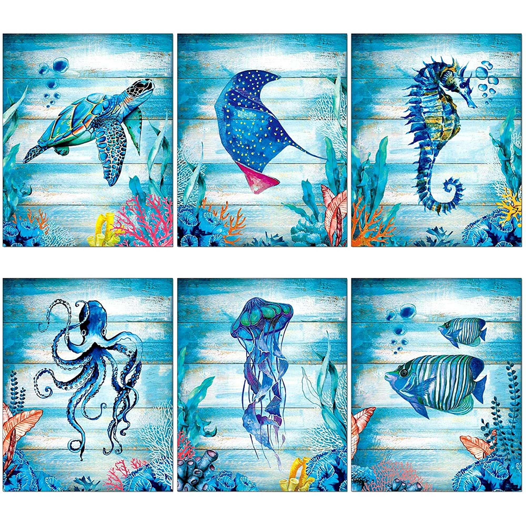 SHTUUYINGG6 Pieces Blue Bathroom Wall Art Wallpaper Ocean Theme Turtles Seahorses Octopuses Jellyfish Ocean Animal Paintings Artwork Pictures, x Inch | Walmart Canada SHTUUYINGG6 Pieces Blue Bathroom Wall Art Wallpaper Ocean Theme Turtles Seahorses Octopuses Jellyfish Ocean Animal Paintings Artwork Pictures, x Inch | Walmart Canada