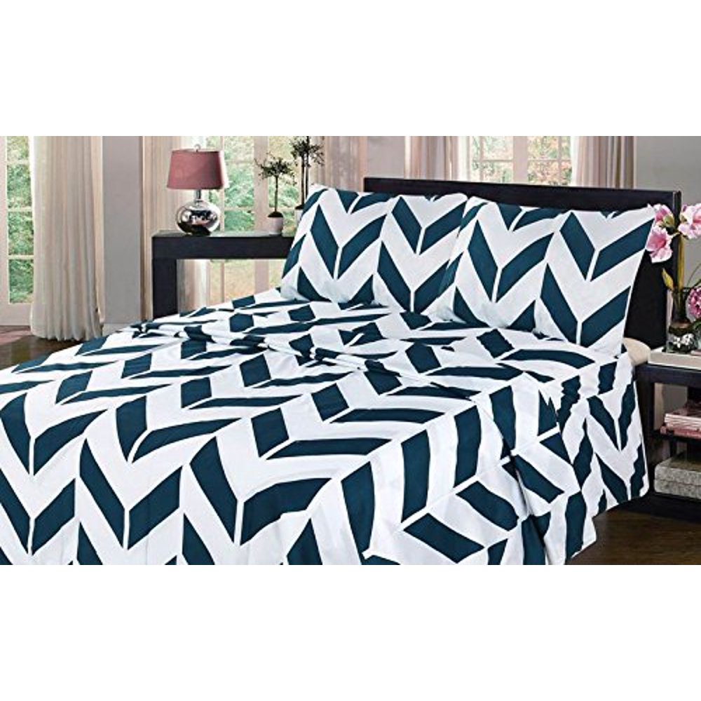 QUEEN TEAL Chevron BED SHEET SET Flat Fitted Pillowcase Sheet Set, Two