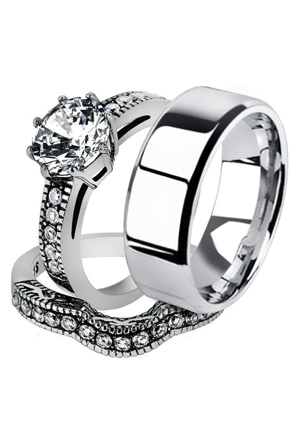 His and Her 3pc Stainless Steel 2.29 Ct Cz Bridal Ring Set and Men Beveled Edge Band Women's Size 07 Men's 06mm Size 08