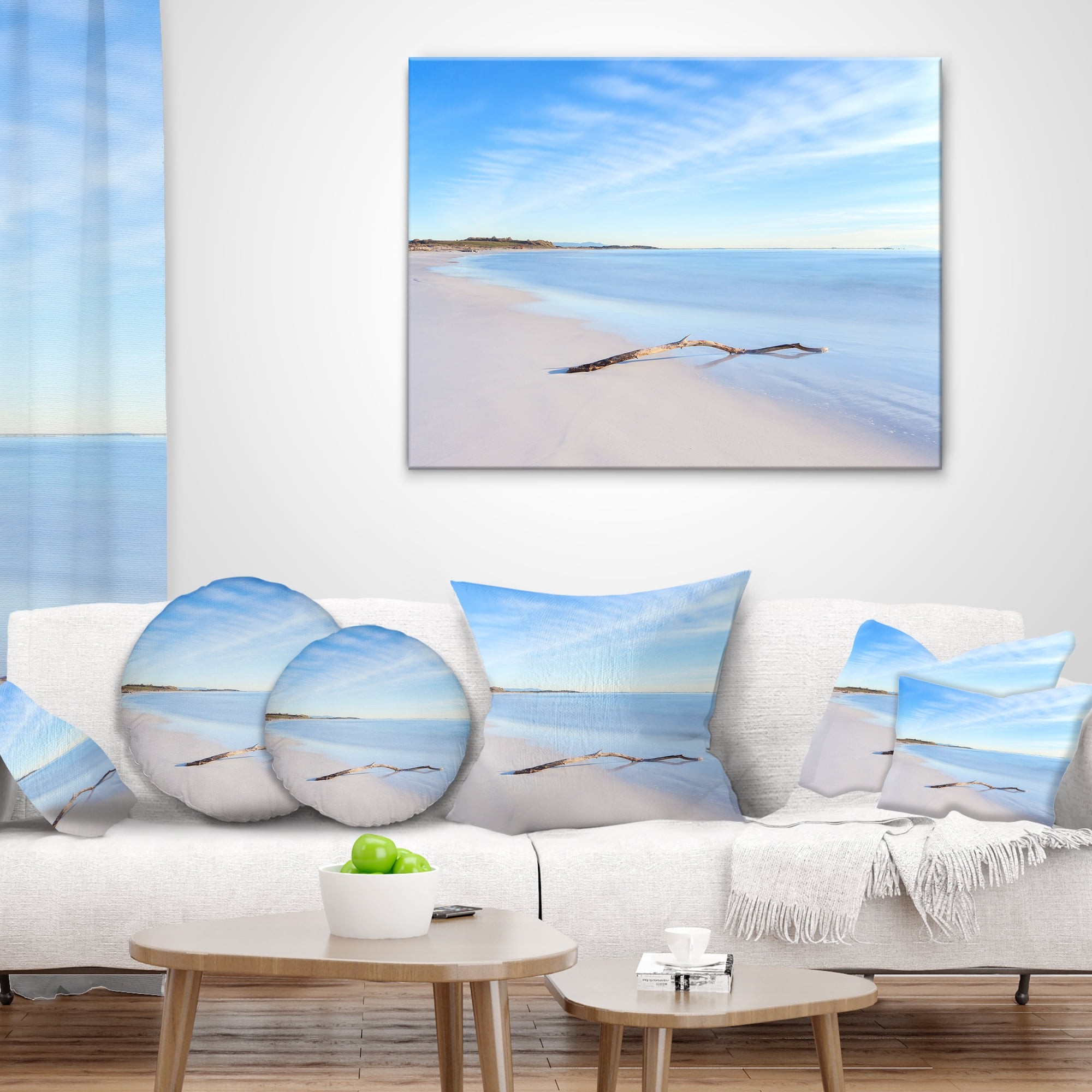 Designart Wood Branch on White Beach - Modern Seascape Throw Pillow - 18x18
