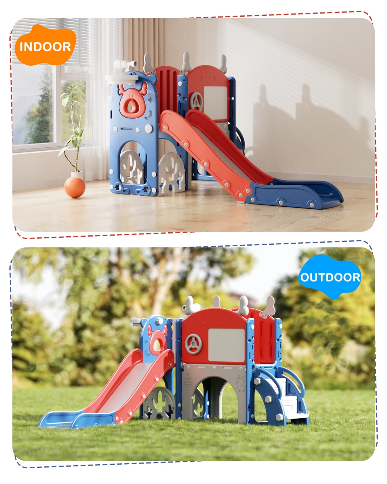 KORIMEFA 11 in 1 Toddler Slide, Kid Slide for Toddlers Age 1-3 with Golf Set, Ring Toss, Basketball Hoop, Drawing Board and Telescope, Indoor Outdoor Playset Playground, Blue Red