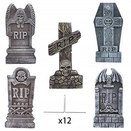 joyin 17  halloween foam rip graveyard tombstones (5 pack)  headstone decorations and 12 bonus metal stakes for halloween yard decorations