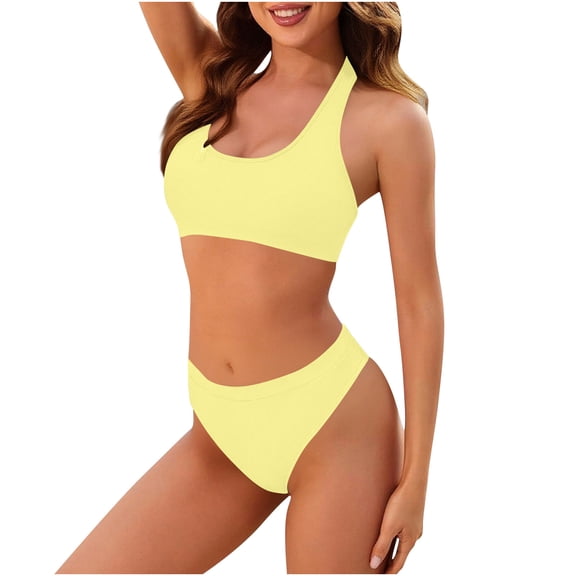 JGGSPWM Women's Solid Racerback Athletic Bikinis Sporty Two Pieces Swimsuit For Girls Sports Bathing Suits Yellow XXL