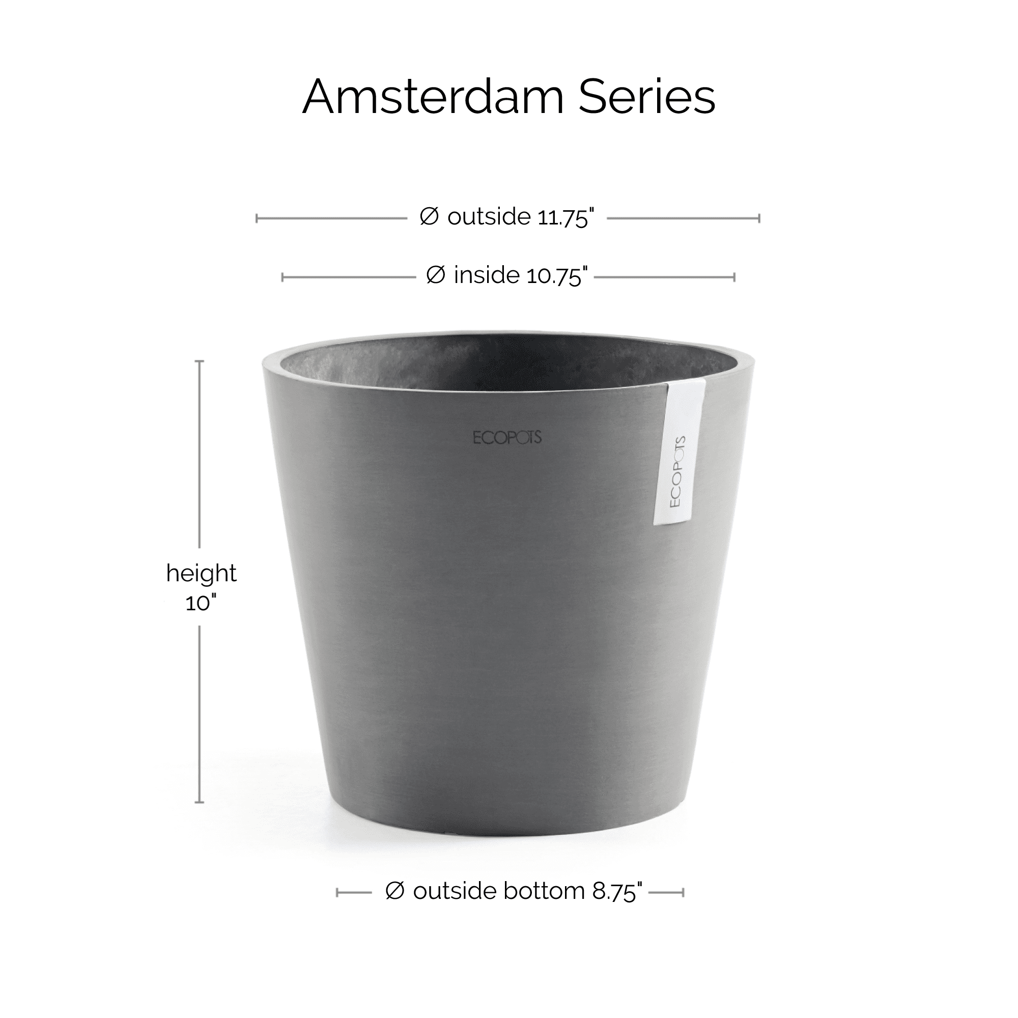 Ecopots Amsterdam Durable Modern Round Indoor/Outdoor Recycled Based Composite Flower Pot Planter, Grey, 12"