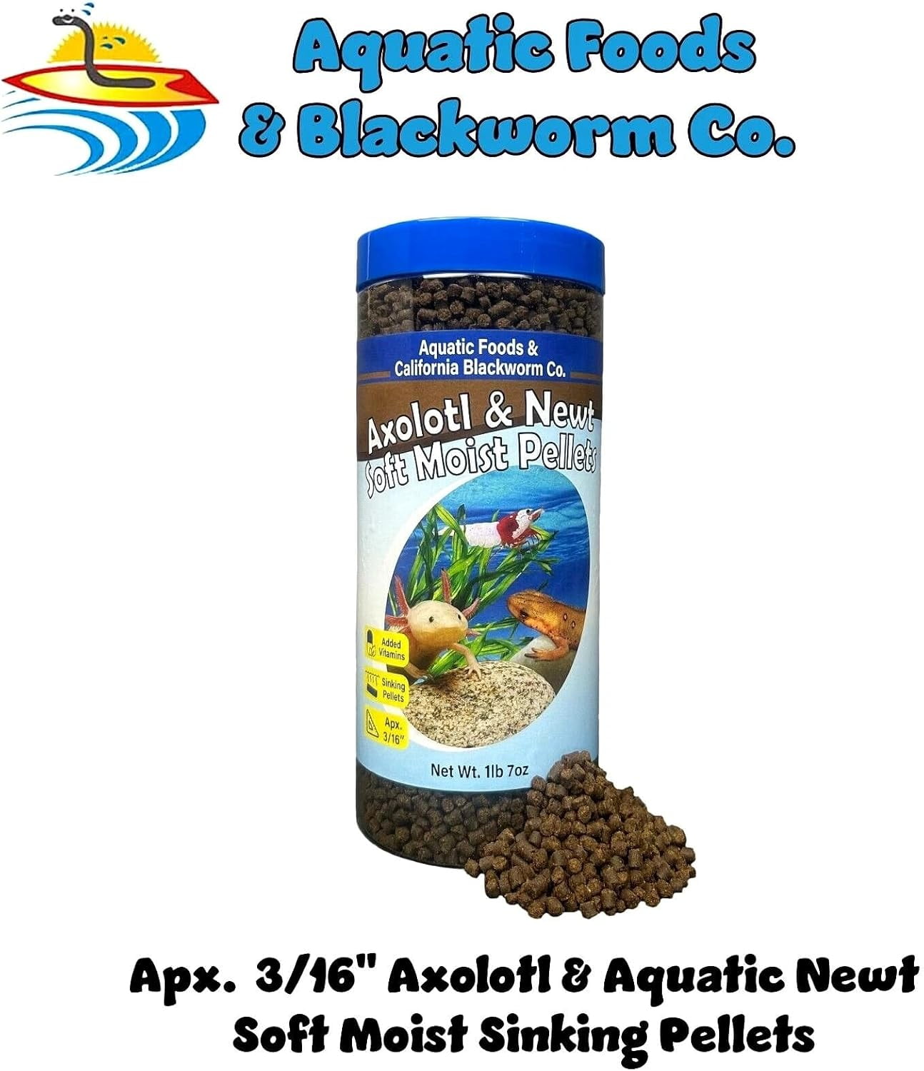 Axolotl Food 3/16" Soft Moist Sinking Pellets for Axolotl, Snails, Shrimp, Catfish, ALL Bottom Fish, Blackworm Pellets Included 1-lb 7oz Canister