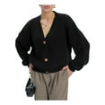 thumbnail image 2 of Women'S Chunky Knit Cardigan Sweater V-Neck Long Sleeve Button Casual Loose Cropped Cardigan Coat Black L, 2 of 7