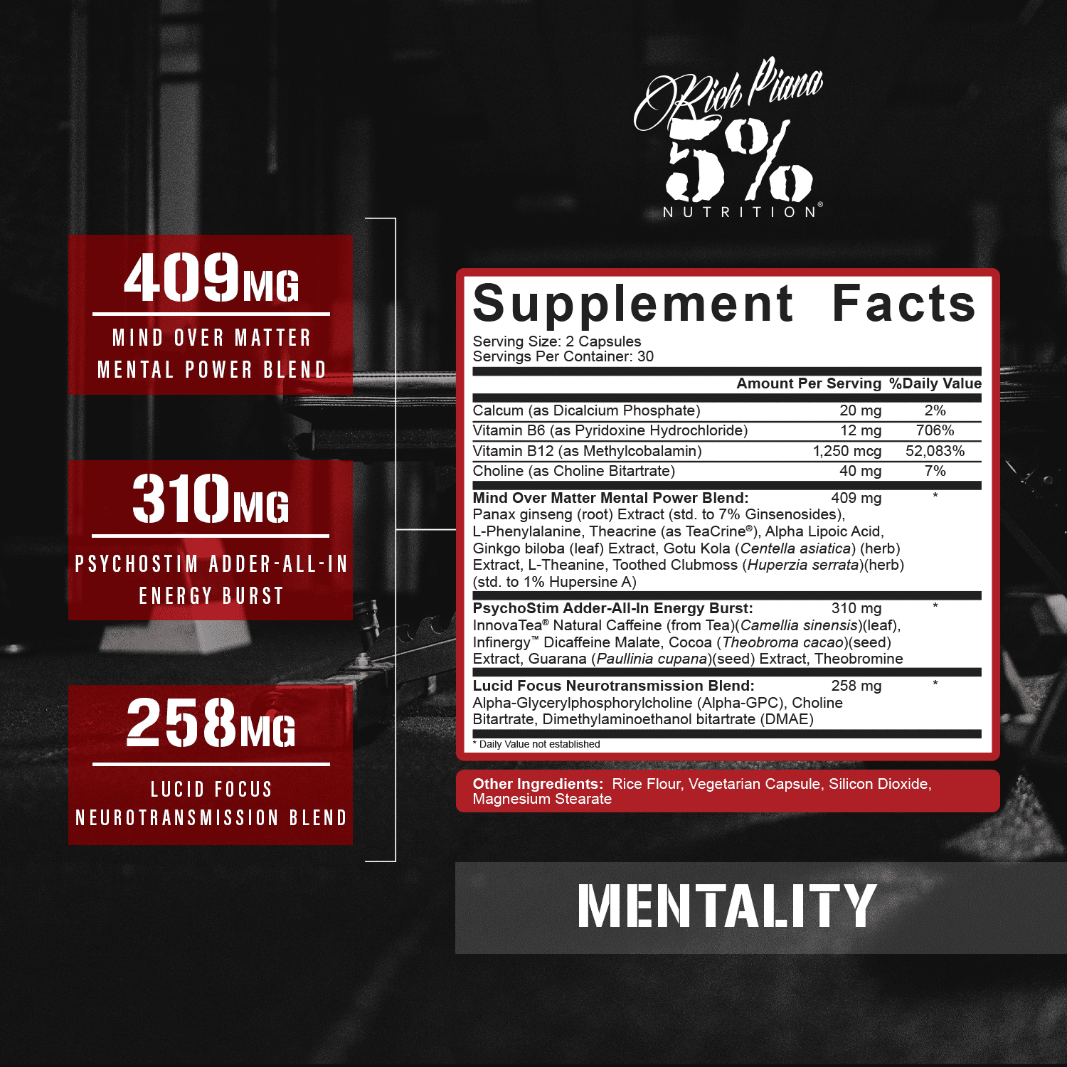 5% Nutrition Rich Piana  Nootropic,Energy & Focus Blend, Ginseng, Ginkgo, L-Theanine (60 Capsules)