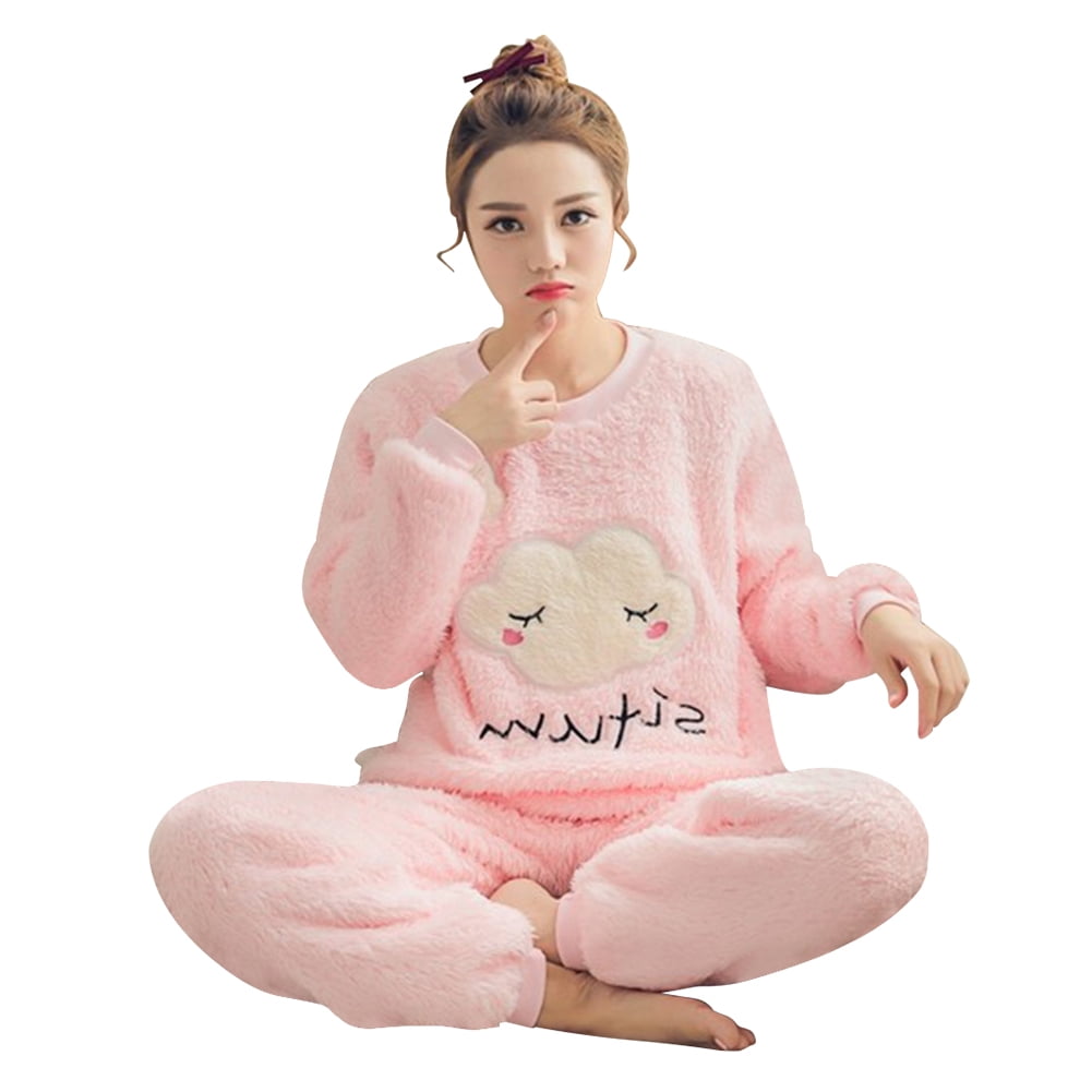 Sleepwear Warm Flannel Long Sleeves Pink Pijama Long Pant Sleepwear Homewear