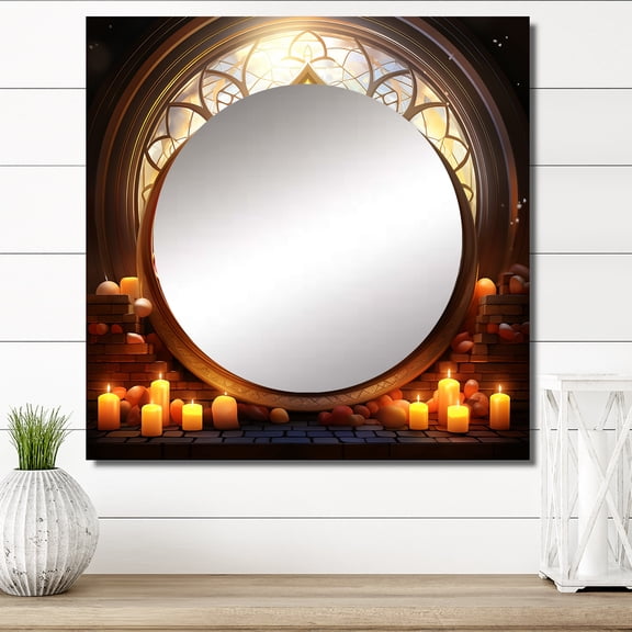 Designart "Divine Geometry Stained Glass Sanctuary" Buddhism Square Mirror Wall Decor Traditional - Large White Square Bathroom Mirror - Square Printed Wall Mirror Art