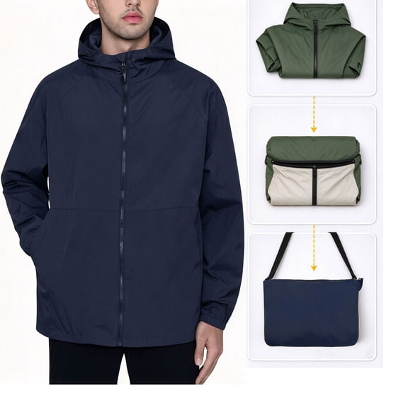 MERIDIANO Men's Hooded Packable Windbreaker Converts to Sling Bag Lightweight Water Resistant Nylon Jacket