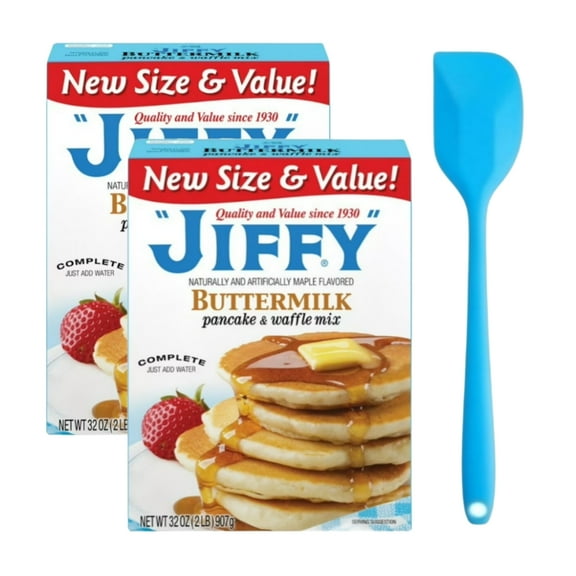 Jiffy Buttermilk Pancake and Waffle Mix 32 oz (2 pack) and 8in Silicone Spatula (Color Varies)