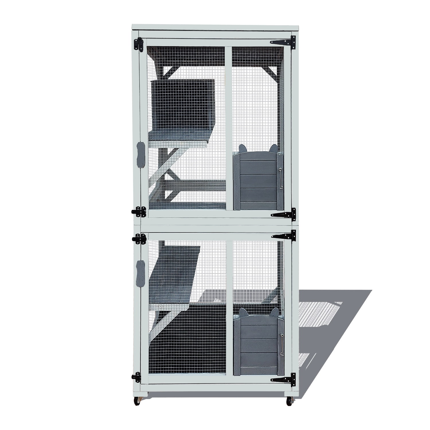 Catio, 2-Tier Outdoor Cat Enclosure, Wooden Cat House for Outside Indoor Kitty Cage on Wheels, All-weather Waterproof Top, Resting Box and Jump Platform, 71''H