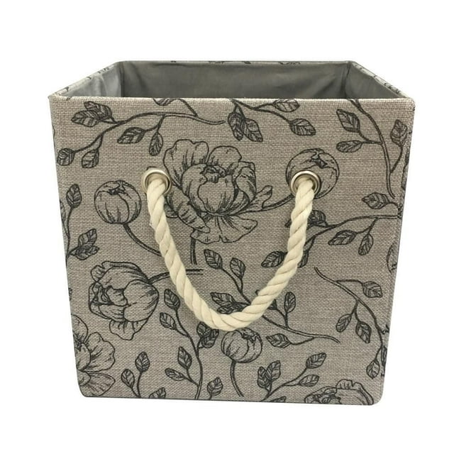 Hometrends 10.23" x 10.23" x 1.23"H Collapsible Faux Linen Fabric Storage Cube Bin with Cotton Rope Handles (Single)