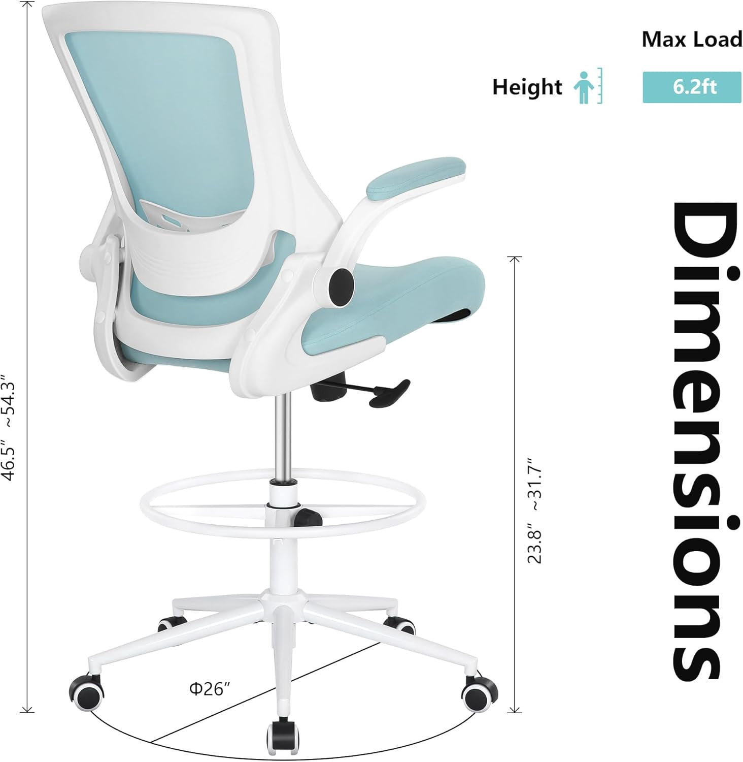 Misolant Office Chair, Drafting Chair for Standing Desk, High Office Chair with Adjustable Lumbar Support, Flip-up Arm and Footrest Ring, Drafting Chair for Bar Height Desk