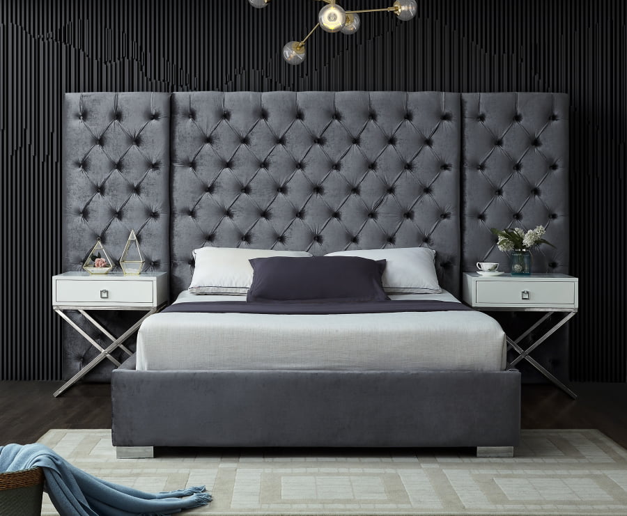 King Size Bed 1pc Bedroom Furniture, Gray Velvet Tufted King Bed