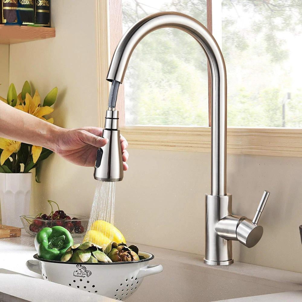 Commercial Kitchen Sink Faucet Brushed Nickel Mixer Tap W/Pull Down Spray Nozzle 