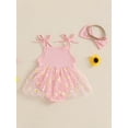 thumbnail image 6 of Newborn Baby Toddler Girl Romper Dresses Outfit, 3 6 9 12 18 Months Sleeveless Flower Print Tulle Patchwork Romper Dress with Bowknot Hairband Summer Clothes, 6 of 9