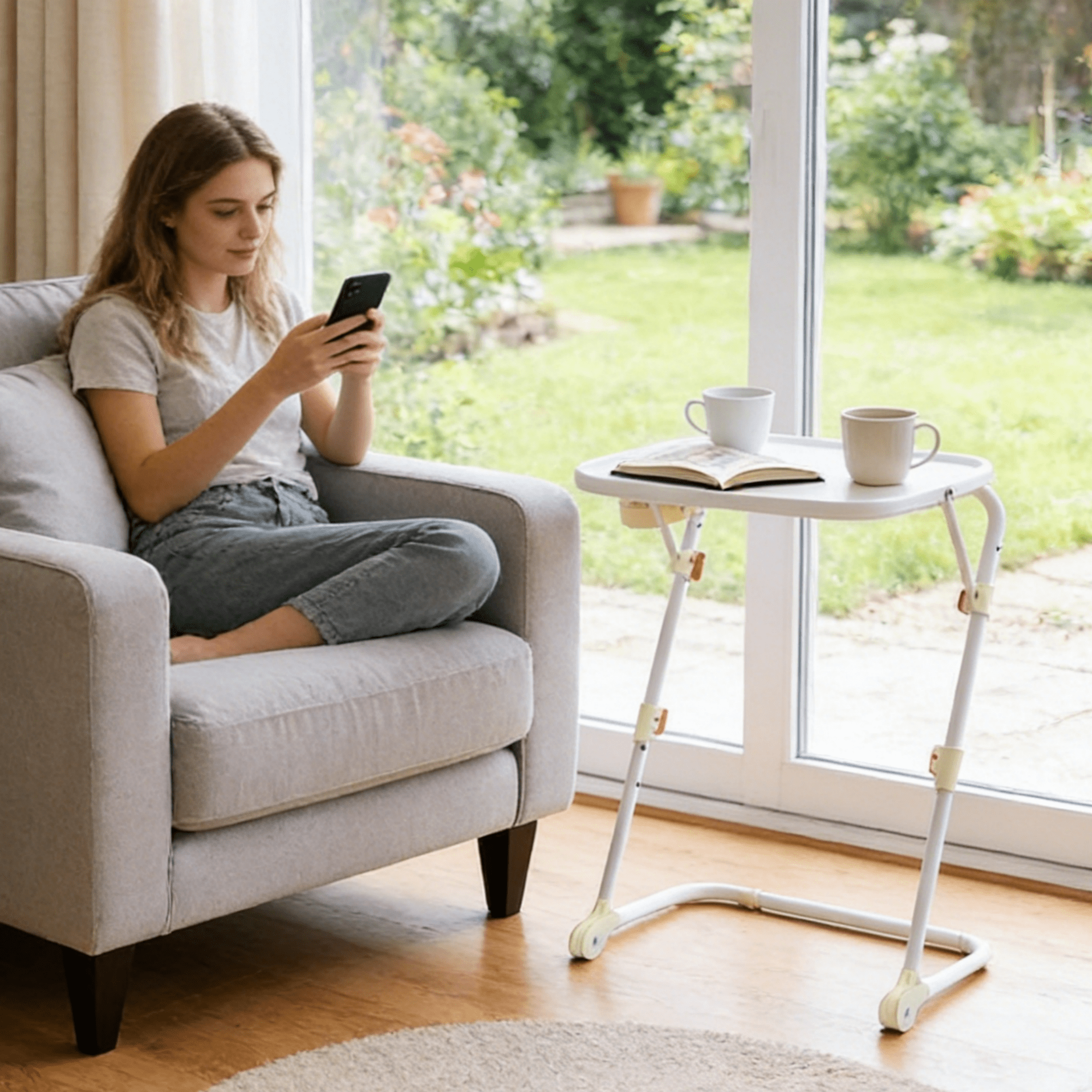 Gewnee Folding Table Trays,with 4 Height & 3 Tilt Angle,TV Tray Table with Cup Holder,Dinner Tray for Eating on Couch,Laptop & Bed.White